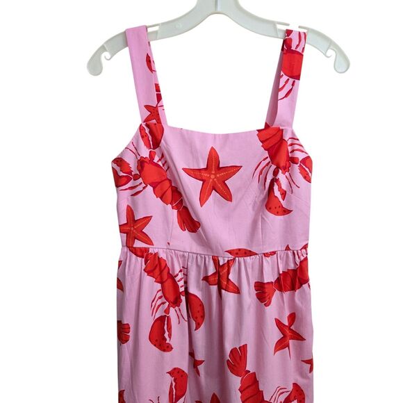 J CREW Pink Red Lobster Print Maxi Dress Sz 2 Square Neck Cotton Smocked tiered - Picture 5 of 13
